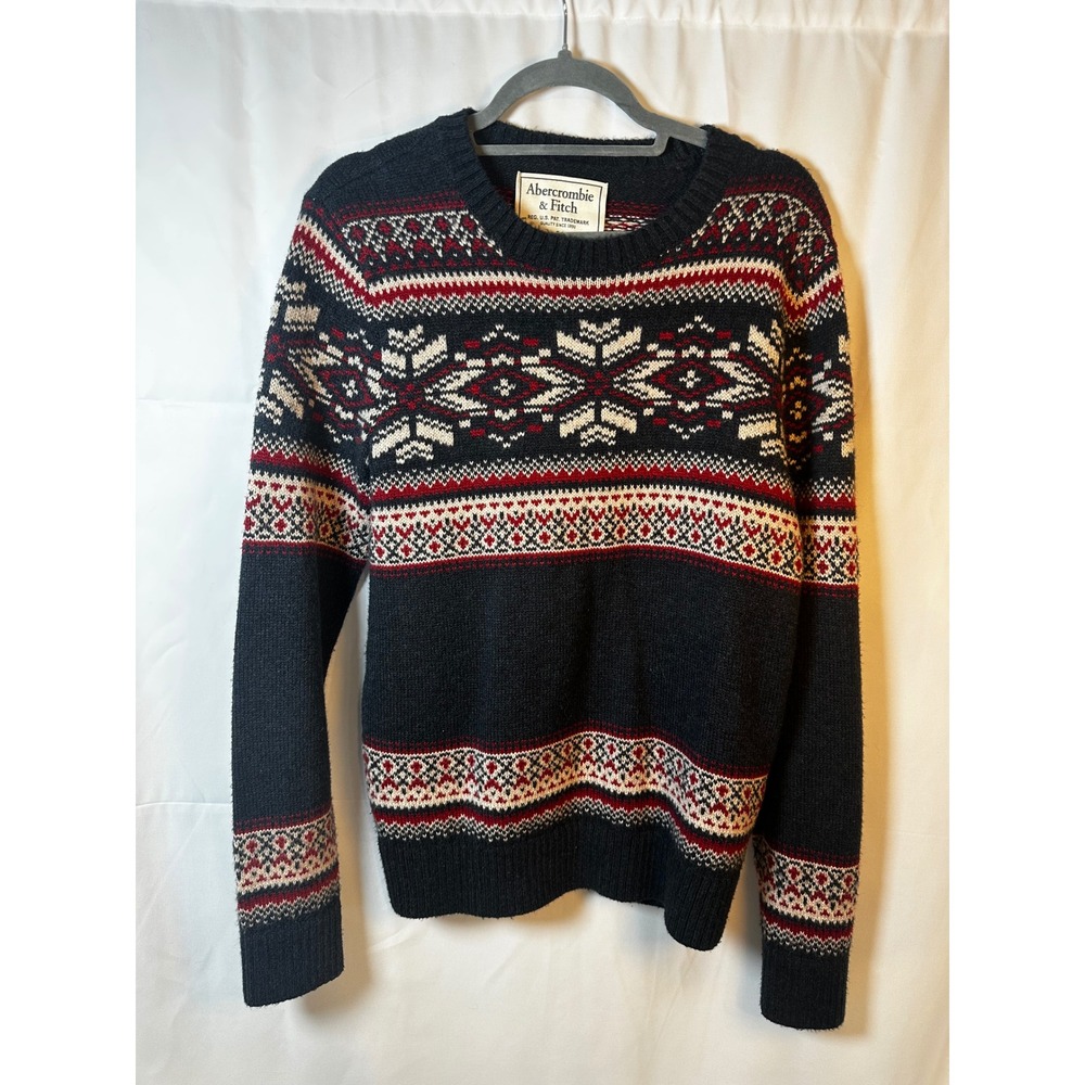 Abercrombie & Fitch Mens Small Navy Blue Fair Isle Snowflake Crewneck Sweater